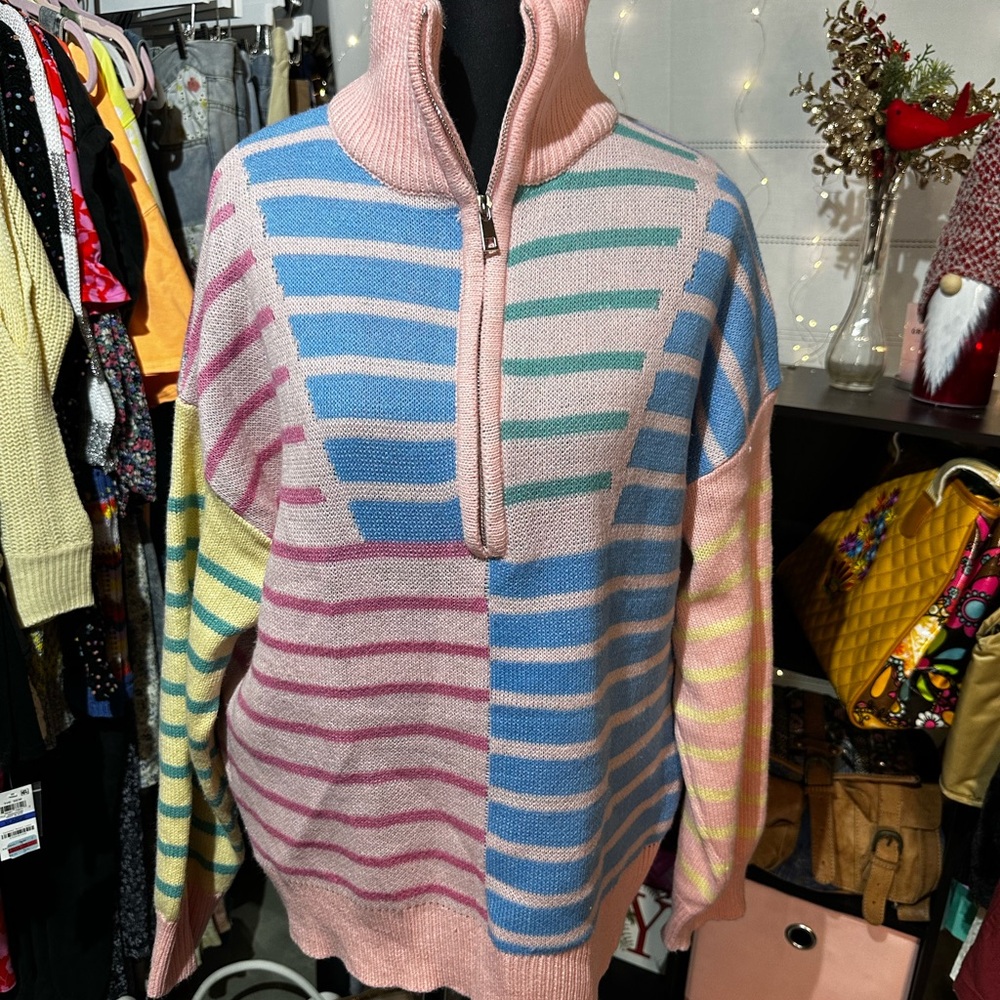 Striped Half-Zip Cowl Sweater in Pastel Multi
